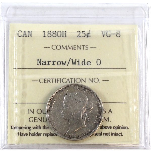 1880H Narrow Wide O Canada 25-cents ICCS Certified VG-8 Discount