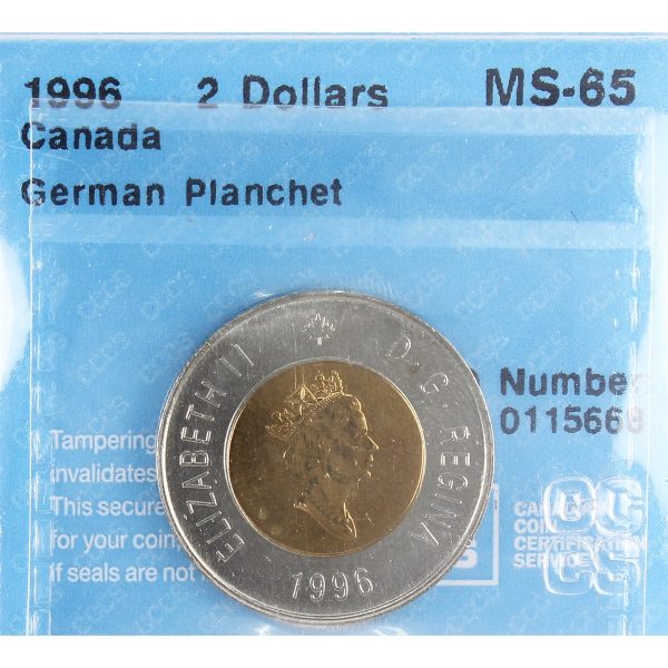 1996 German Planchet Canada Two Dollar CCCS Certified MS-65 For Sale